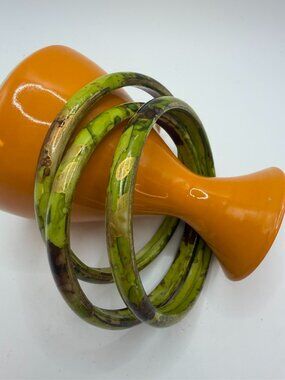 Vintage Paper Mache Lacquer Bangle Bracelets Set of 3 Green Gold